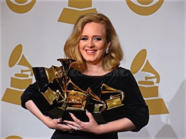 Adele holding Grammys