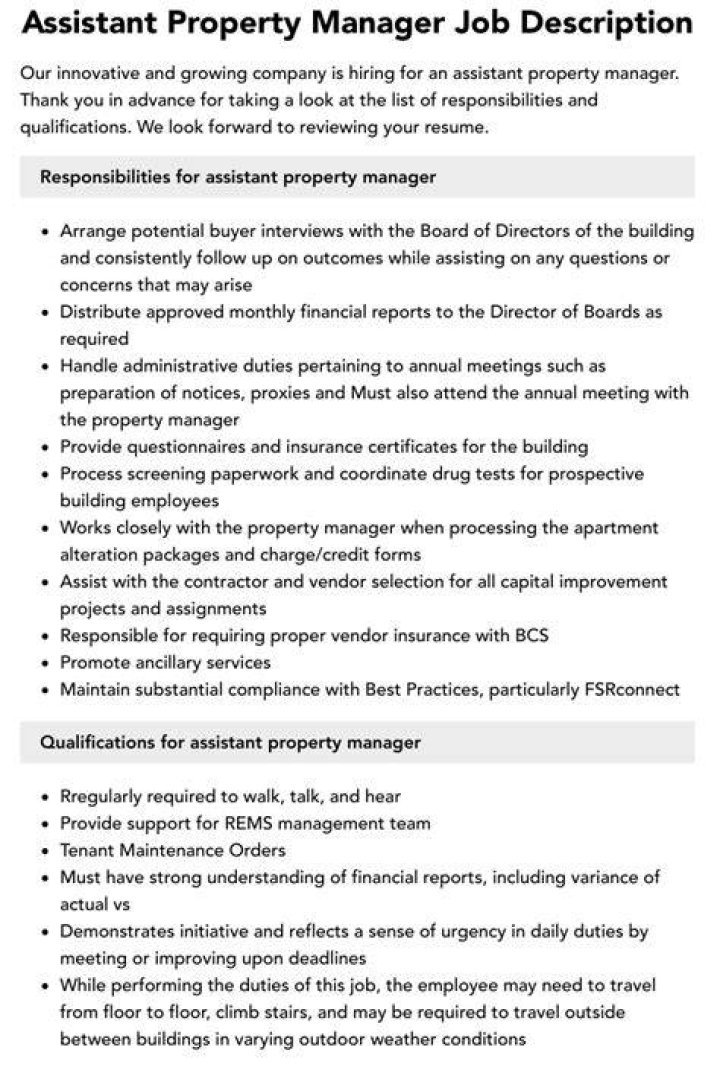 Assistant Property Manager Job Description