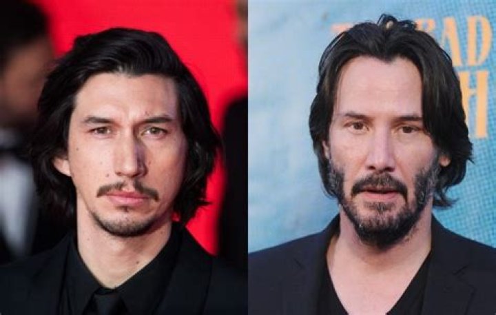 L-R: Adam Driver, Keanu Reeves, and Robert Pattinson, all of whom fans have suggested could voice Shadow in 'Sonic the Hedgehog 3.' Driver is wearing a black suit and bowtie, Reeves is wearing a white shirt and black suit, and Pattinson is wearing a black coat.