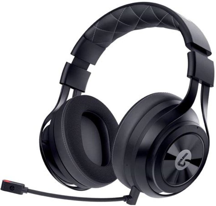 LucidSound LS35X Wireless Gaming Headset - Promotional image showing two adults playing games, woman is wearing the Rose Gold/White LS35X headset. Man is wearing a Black LS35X headset. 