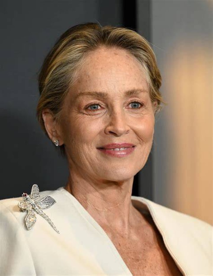 Sharon Stone in a green dress, smiling, with one hand on her hip