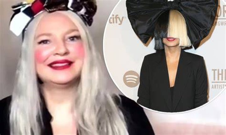 Singer-songwriter Sia wears a large pink robe and a blond wig covering her face while she performs onstage at the 2020 Billboard Music Awards